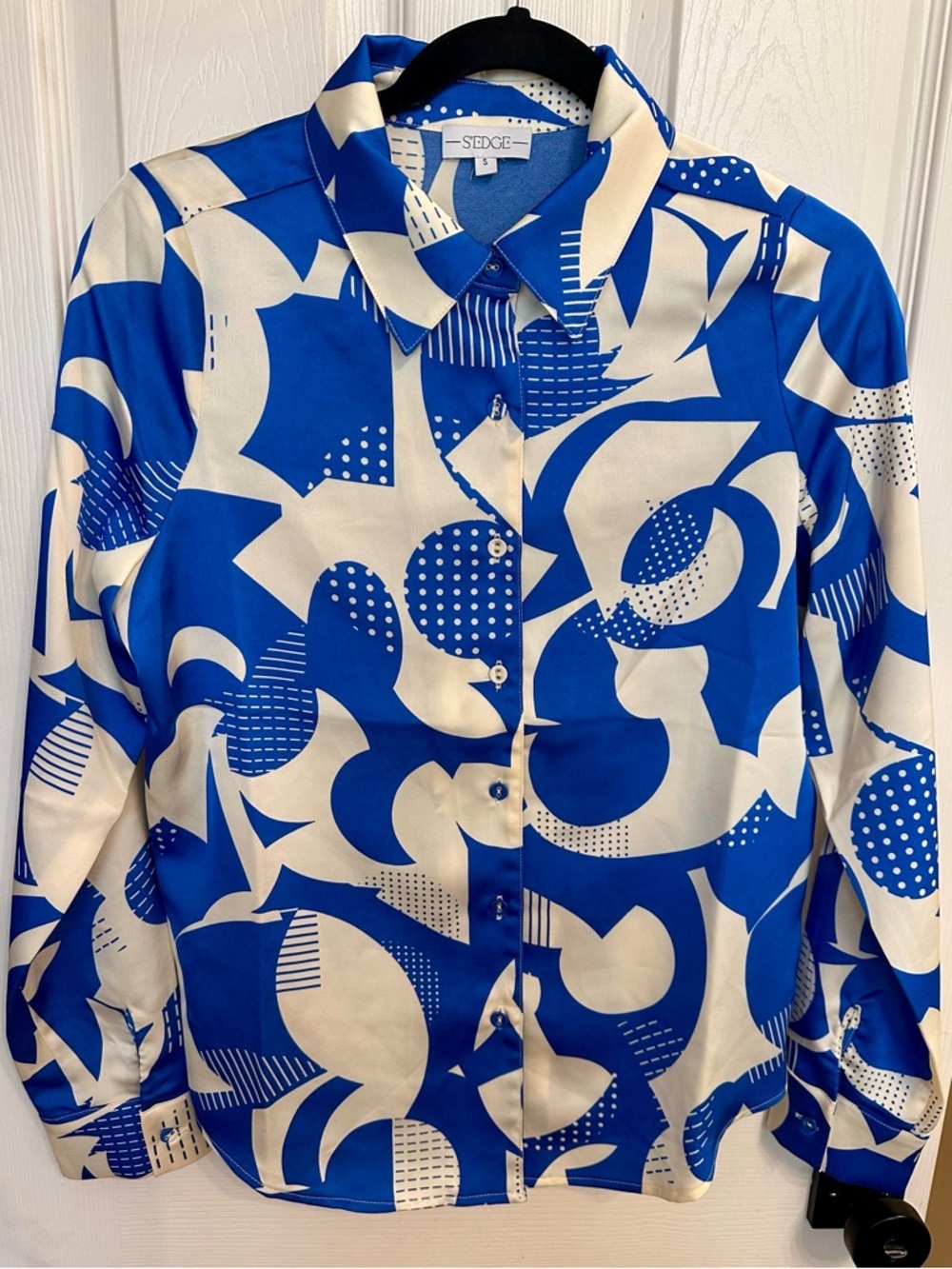 S’edge Blue & Cream Abstract Button-Up Blouse Size S NWOT